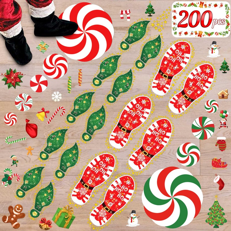 luck sea 200PCS Christmas Peppermint Floor Clings Footprints Decorations - Santa Claus/Elf/Candy/Snowman Decals Xmas Party Decor Supplies - Image 1